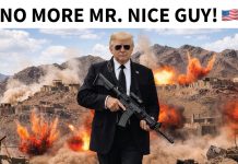 Trump postează o fotografie cu el ținând o mitralieră pe fundalul unor explozii și transmite Iranului: „NU MAI SUNT BĂIATUL BUN”