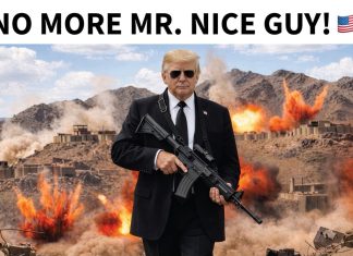 Trump postează o fotografie cu el ținând o mitralieră pe fundalul unor explozii și transmite Iranului: „NU MAI SUNT BĂIATUL BUN”