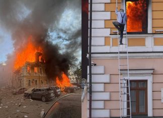 O dronă rusească, propulsată cu un motor cu reacție, a lovit Academia Națională de Științe a Ucrainei din Kiev. Oamenii au încercat să se salveze pe ferestre